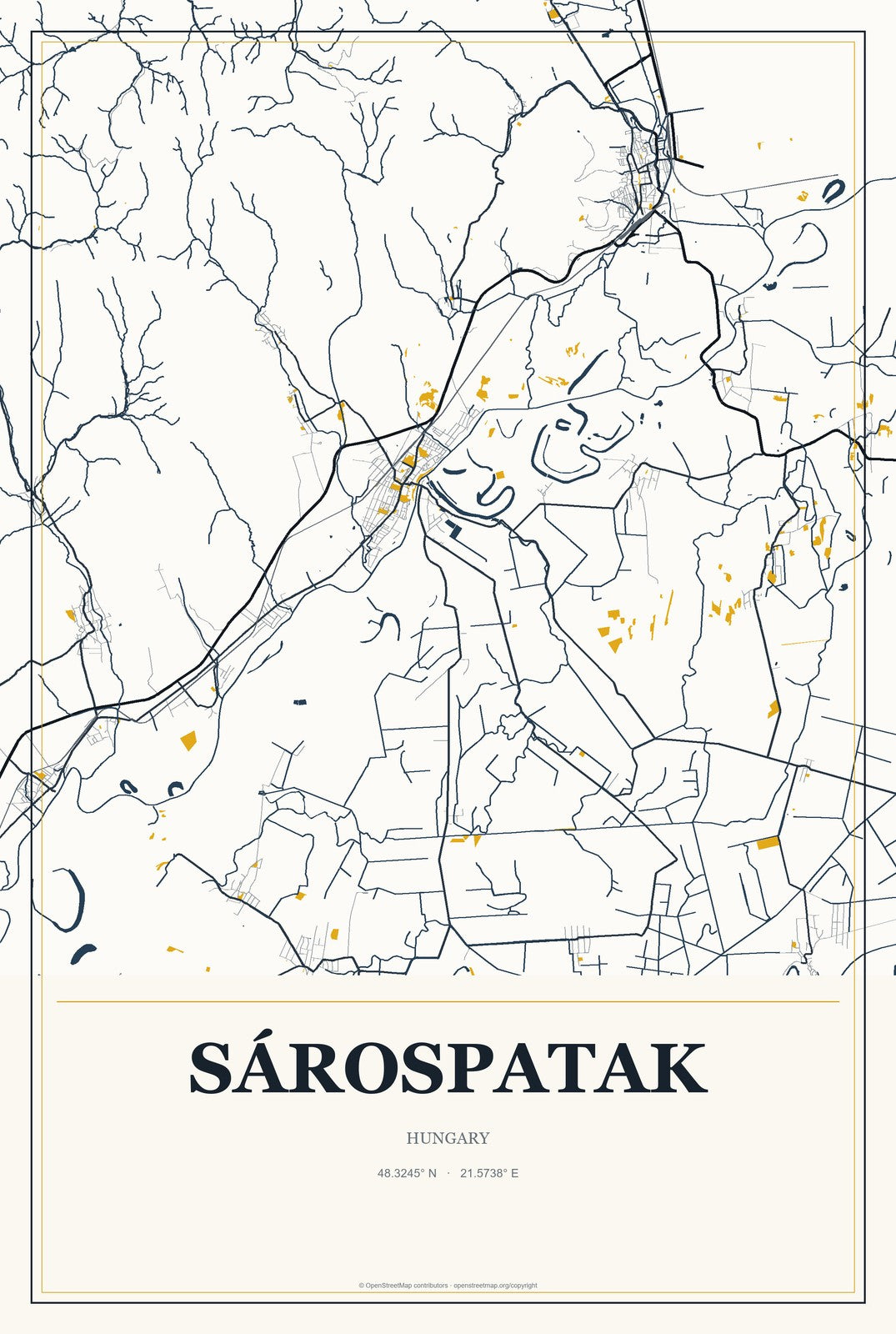 Sárospatak, Hungary City Map Aluminum Sign in Citrine Modern style