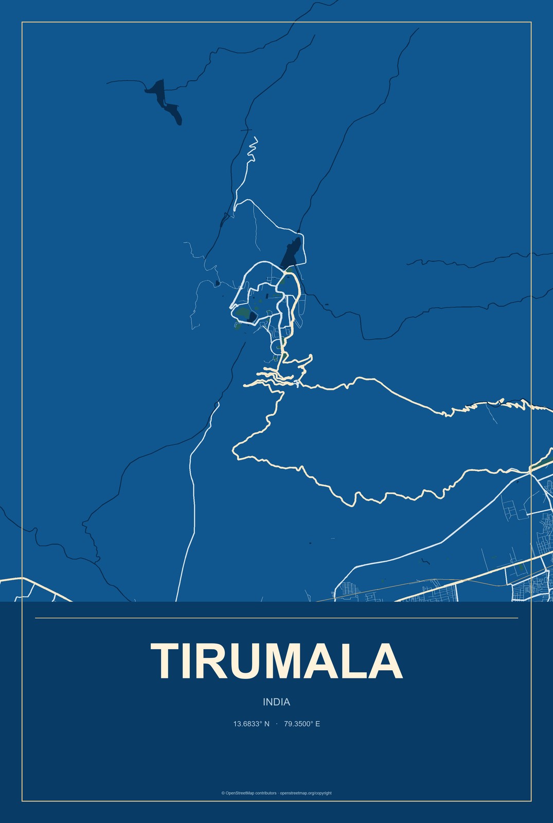 Tirumala, India City Map Aluminum Sign in Harbor Cobalt style