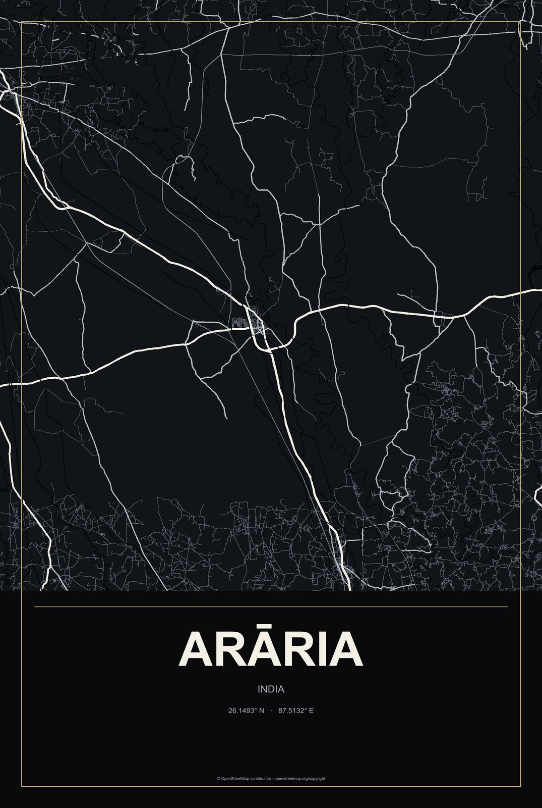 Arāria, India City Map Aluminum Sign in Metropolitan Noir style