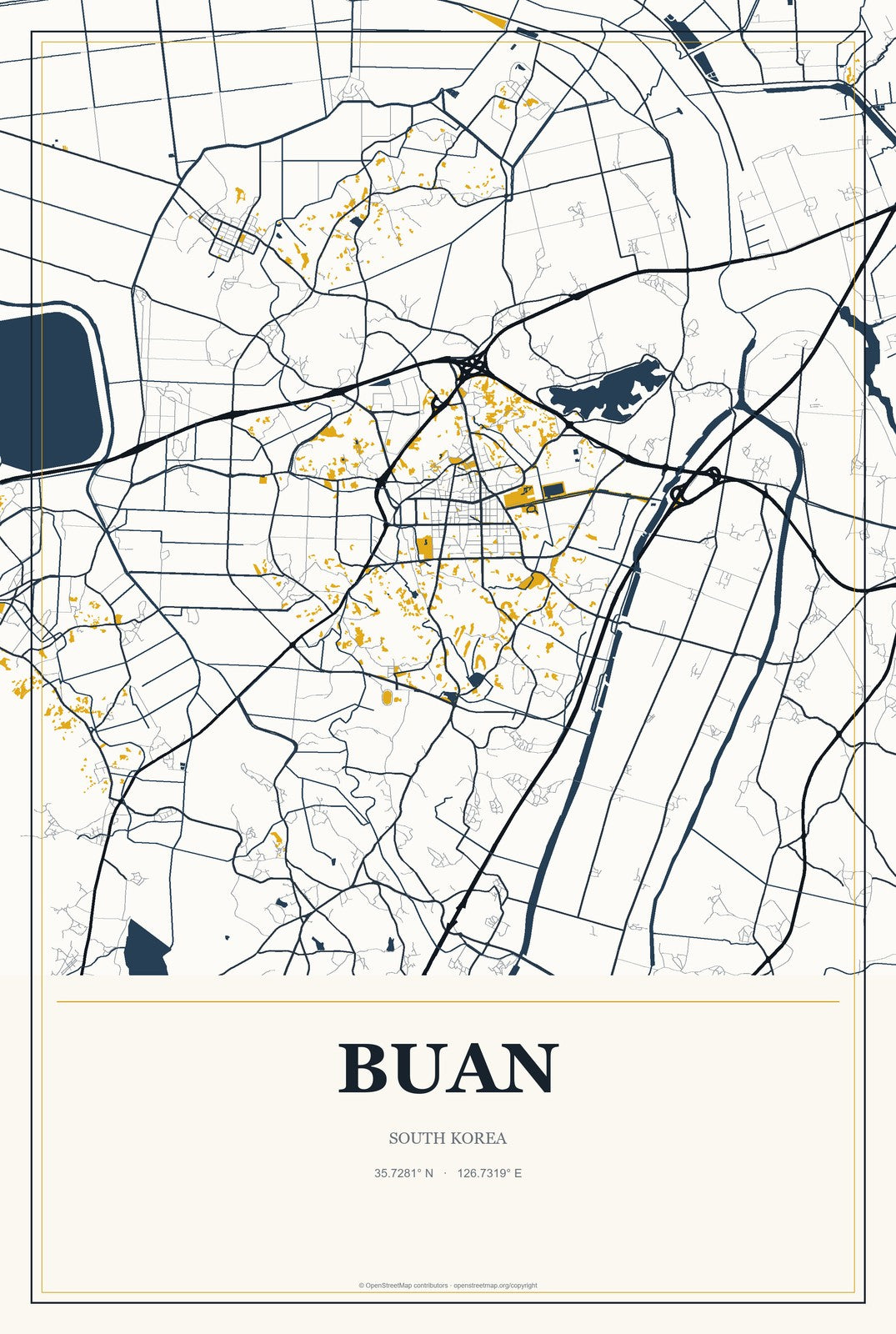 Buan, South Korea City Map Aluminum Sign in Citrine Modern style