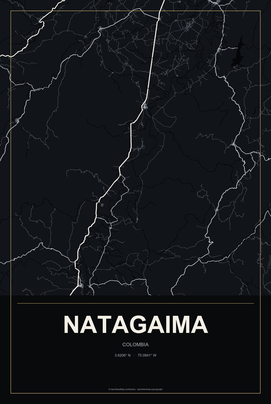 Natagaima, Colombia City Map Aluminum Sign in Metropolitan Noir style