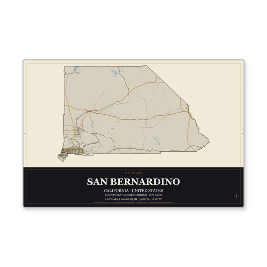 San Bernardino County, California Map Aluminum Sign in Museum Plaque style