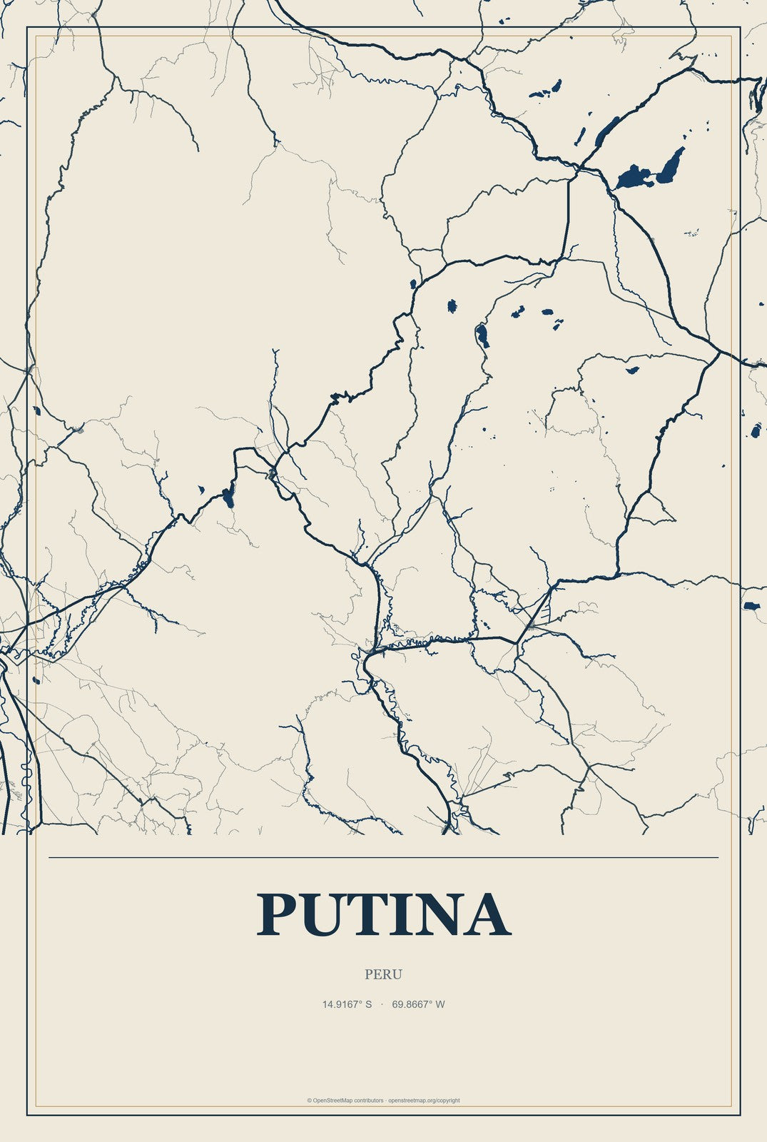 Putina, Peru City Map Aluminum Sign in Coastal Cutout style