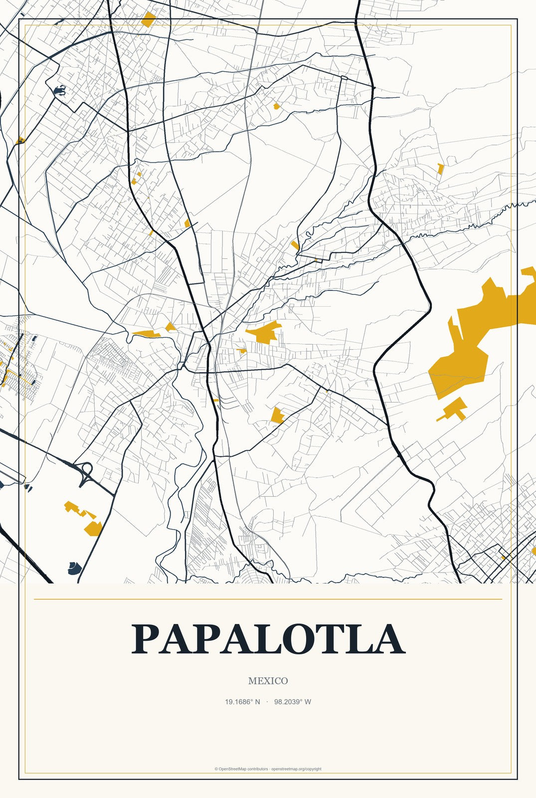 Papalotla, Mexico City Map Aluminum Sign in Citrine Modern style