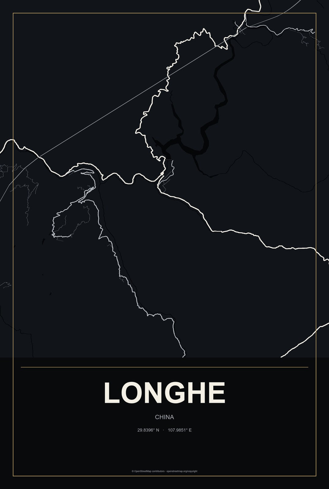 Longhe, China City Map Aluminum Sign in Metropolitan Noir style