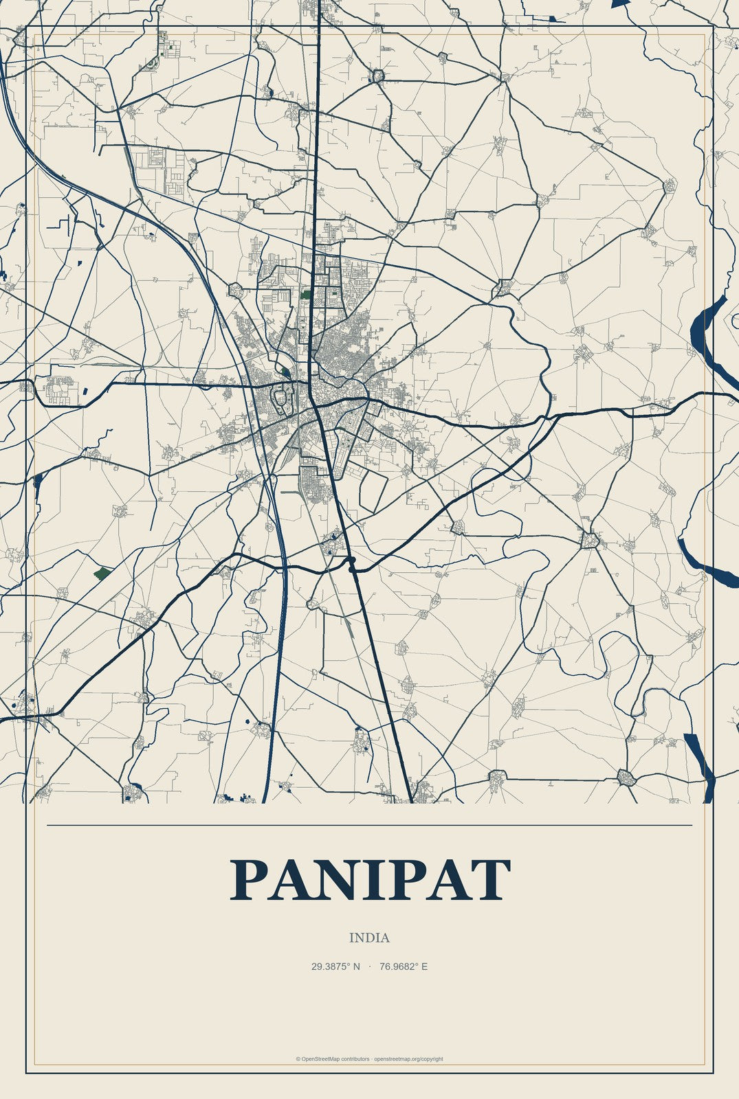 Panipat, India City Map Aluminum Sign in Coastal Cutout style