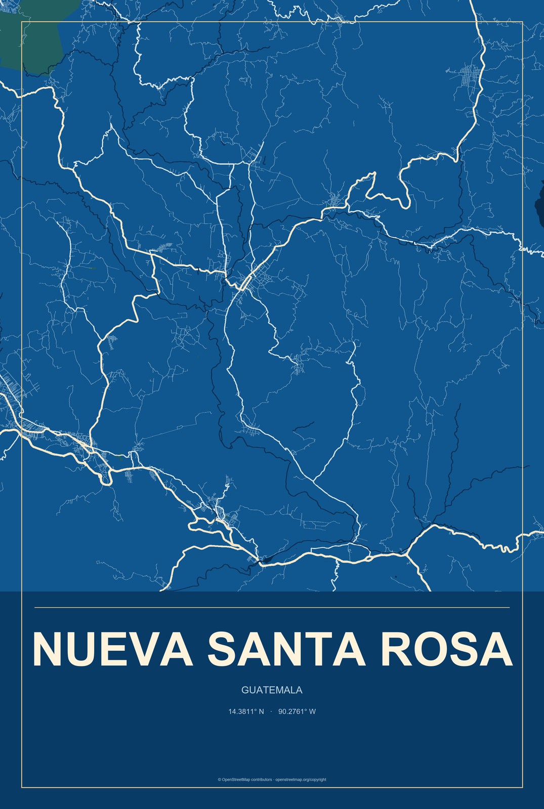 Nueva Santa Rosa, Guatemala City Map Aluminum Sign in Harbor Cobalt style