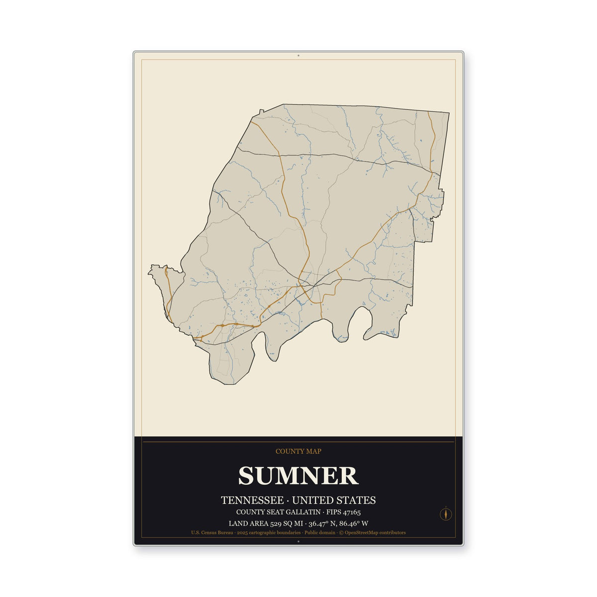 Sumner County, Tennessee Map Aluminum Sign in Museum Plaque style