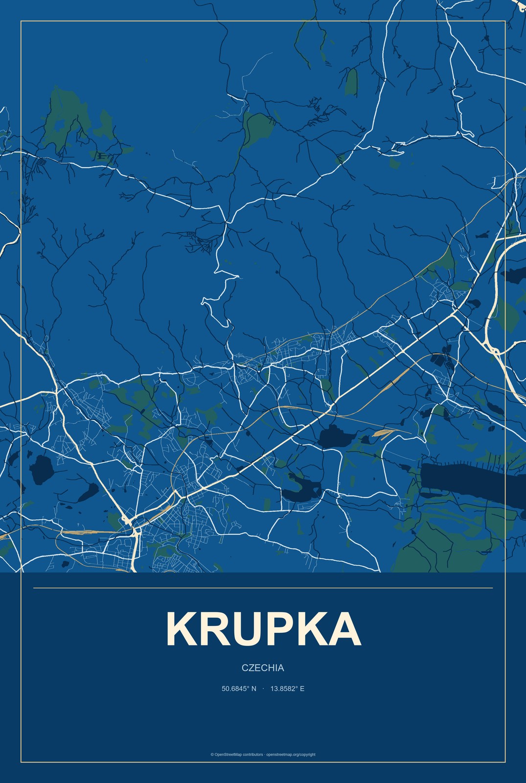 Krupka, Czechia City Map Aluminum Sign in Harbor Cobalt style