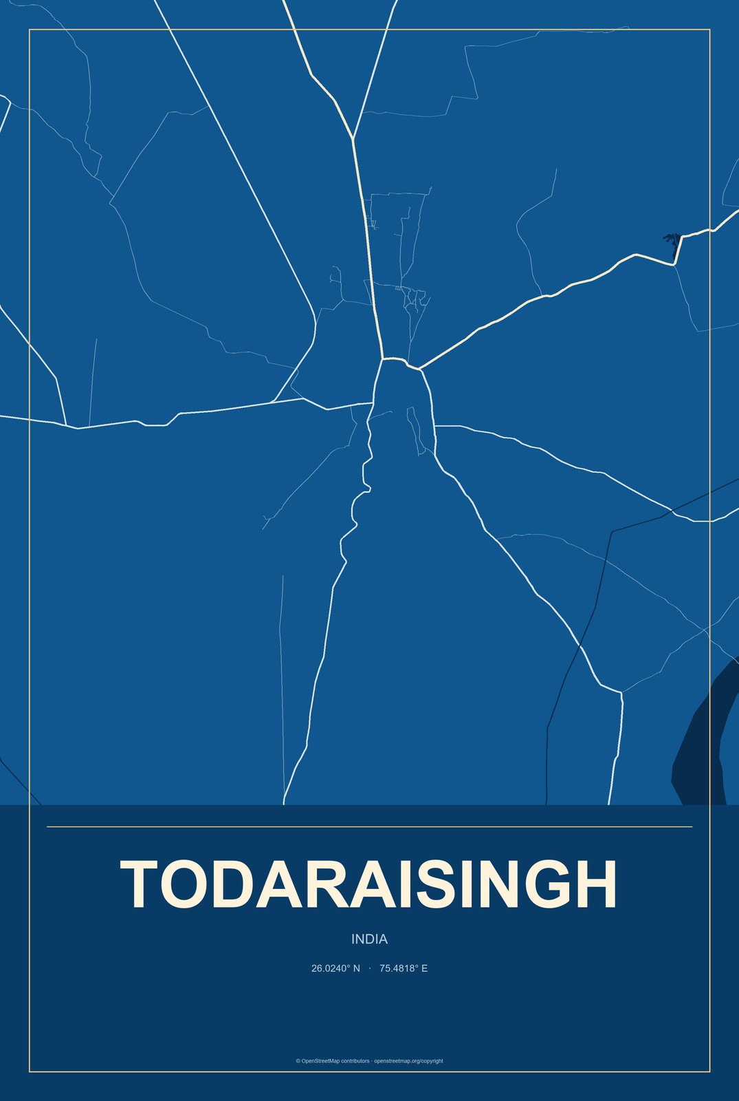 Todaraisingh, India City Map Aluminum Sign in Harbor Cobalt style