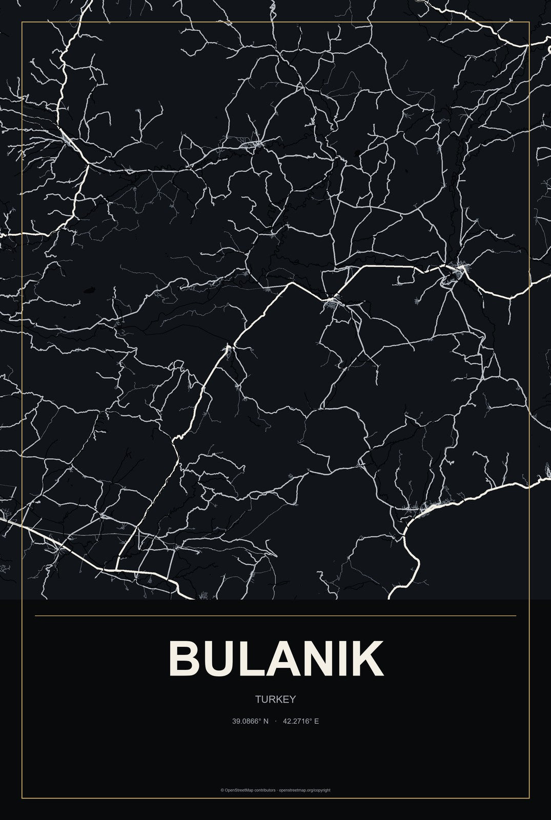 Bulanık, Turkey City Map Aluminum Sign in Metropolitan Noir style