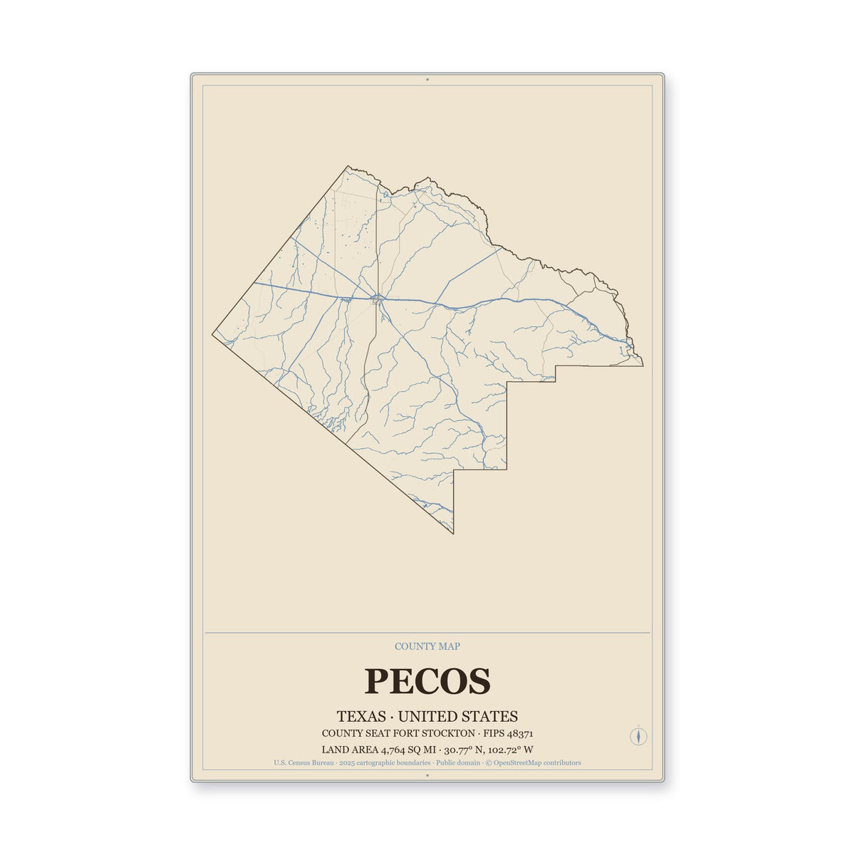 Pecos County, Texas Map Aluminum Sign in Heritage Nautical style