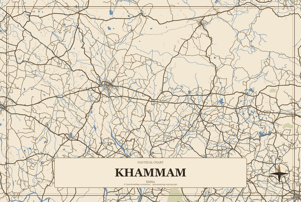 Khammam, India City Map Aluminum Sign in Heritage Nautical style