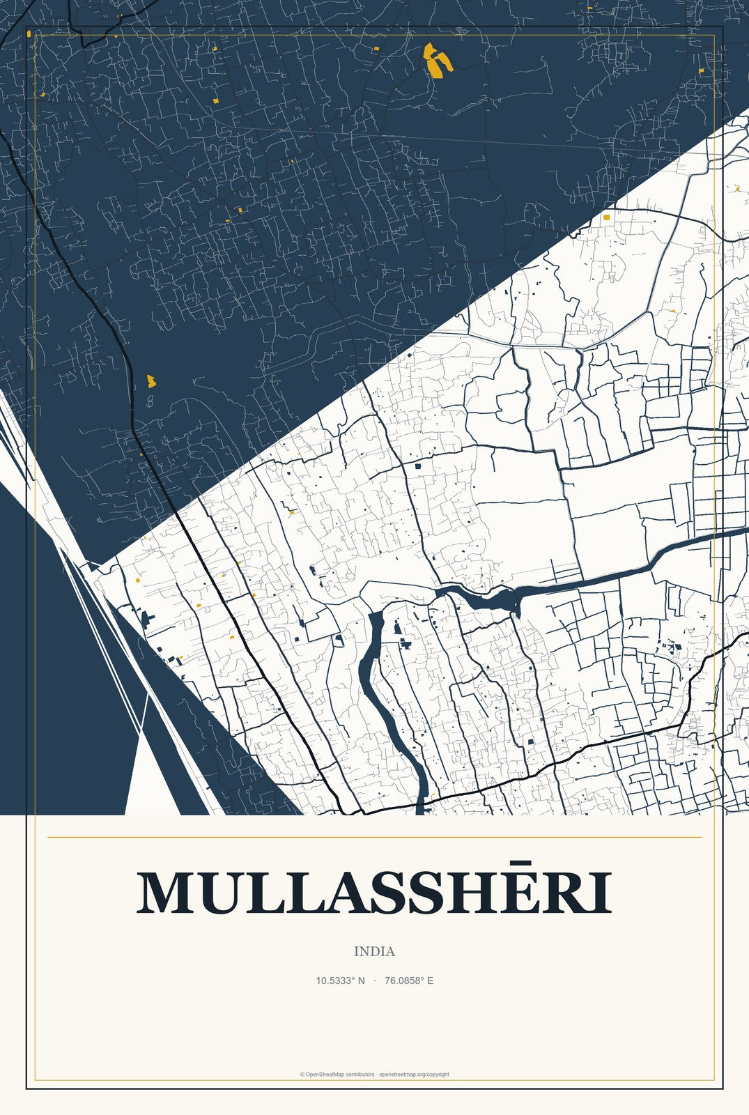 Mullasshēri, India City Map Aluminum Sign in Citrine Modern style