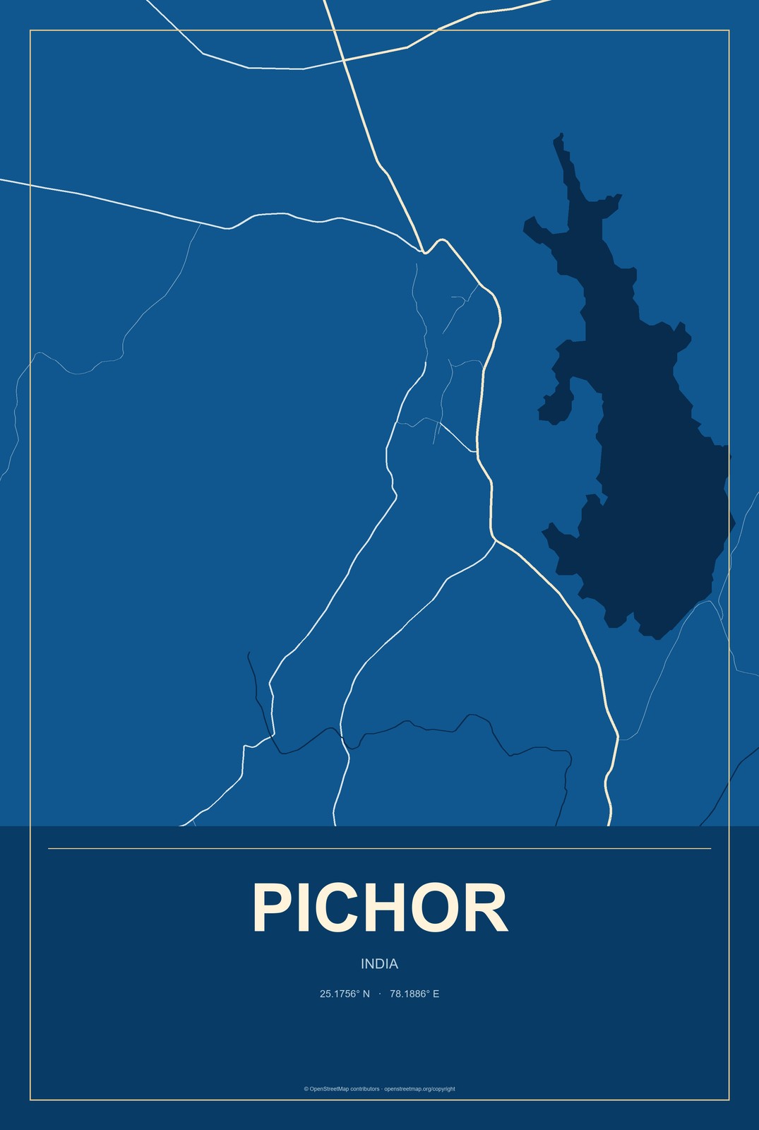 Pichor, India City Map Aluminum Sign in Harbor Cobalt style