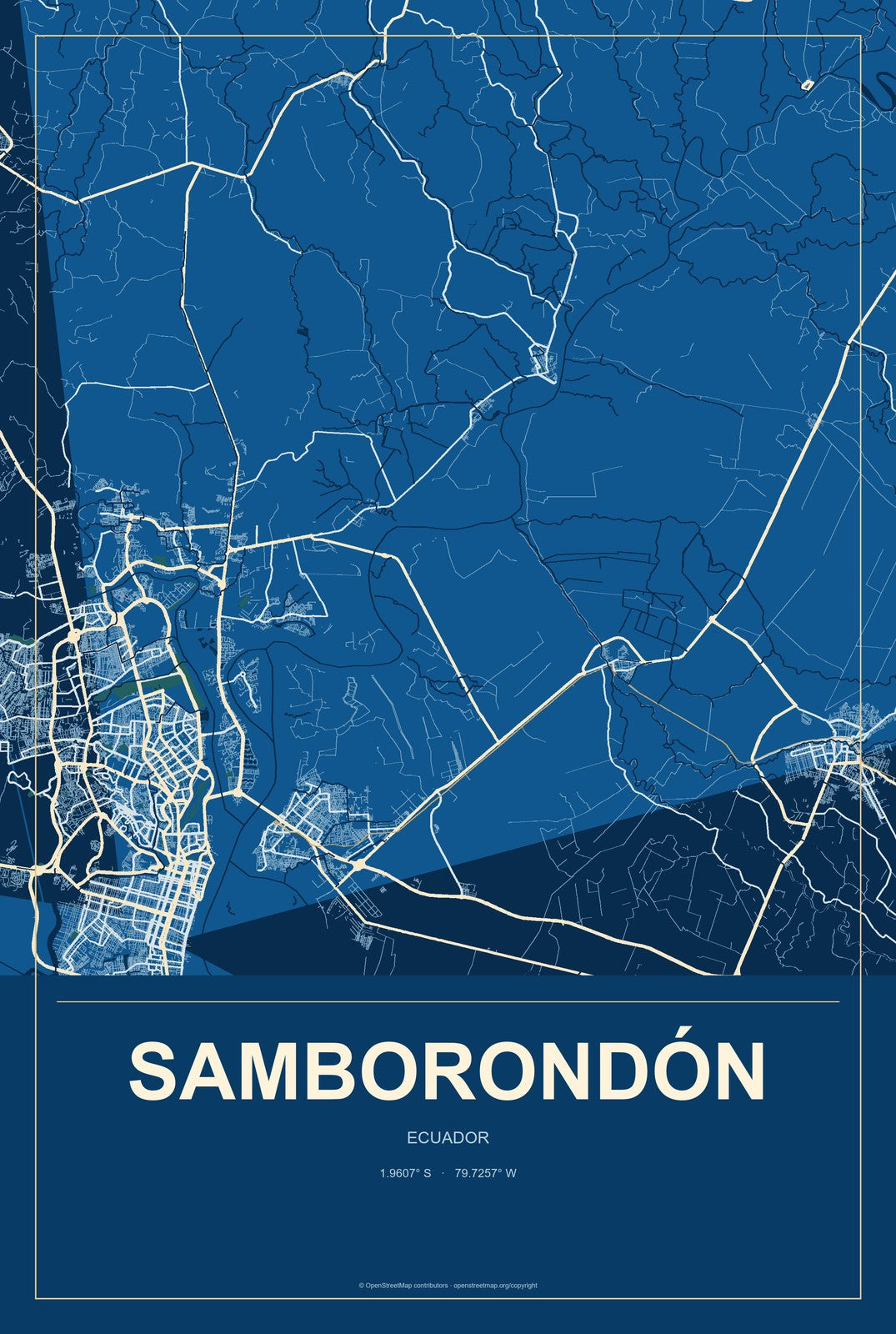 Samborondón, Ecuador City Map Aluminum Sign in Harbor Cobalt style
