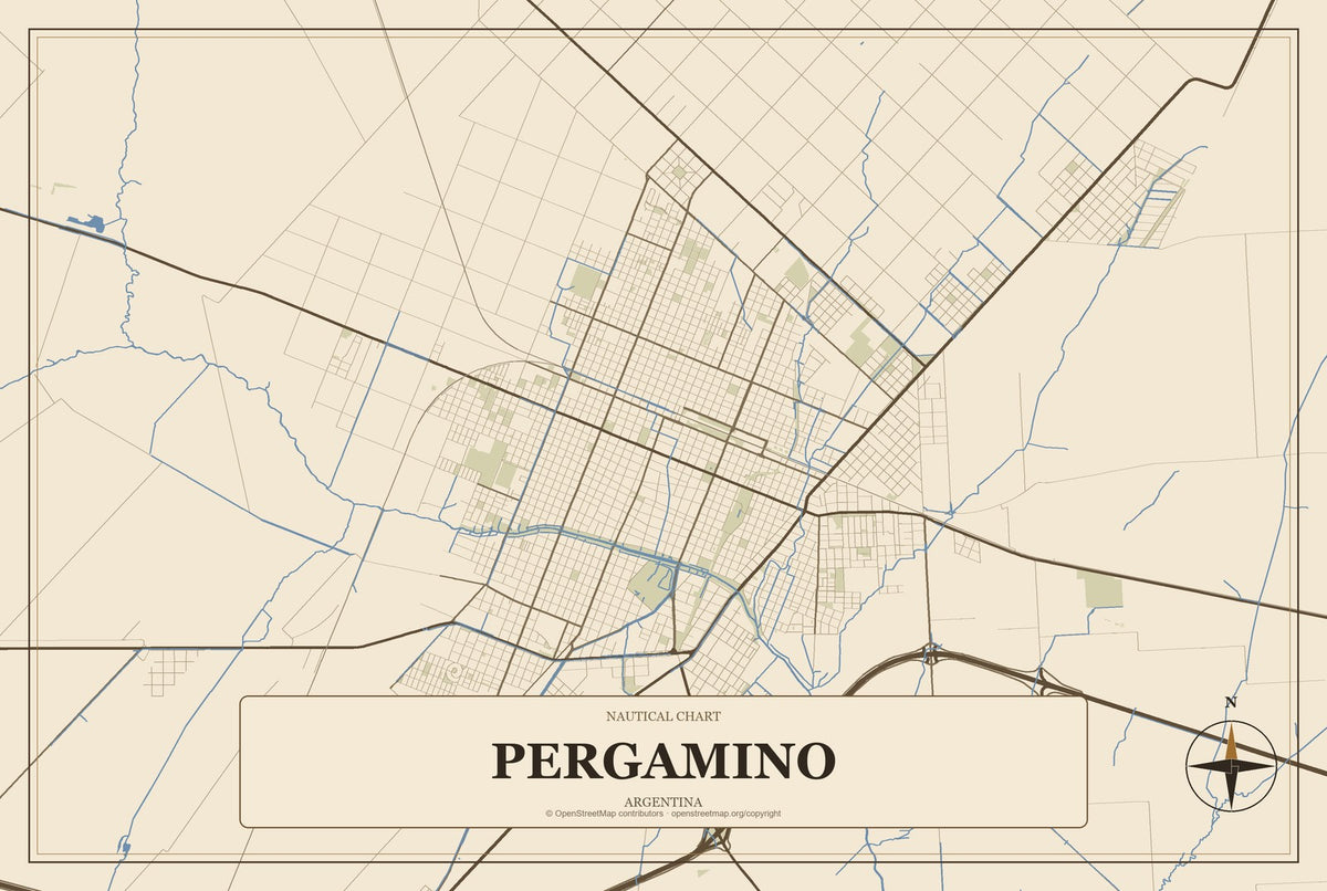 Pergamino, Argentina City Map Aluminum Sign in Heritage Nautical style