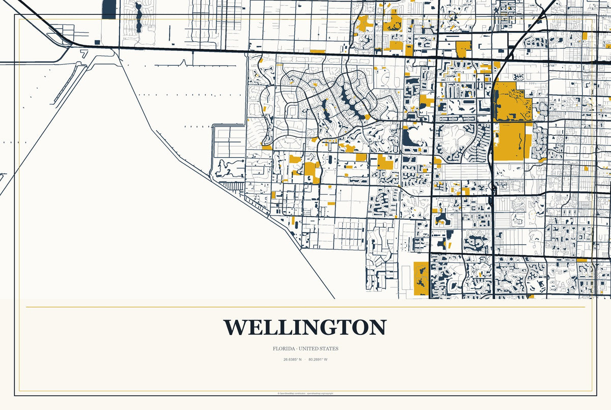 Wellington, Florida City Map Aluminum Sign in Citrine Modern style