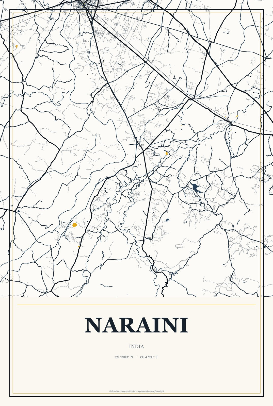 Naraini, India City Map Aluminum Sign in Citrine Modern style