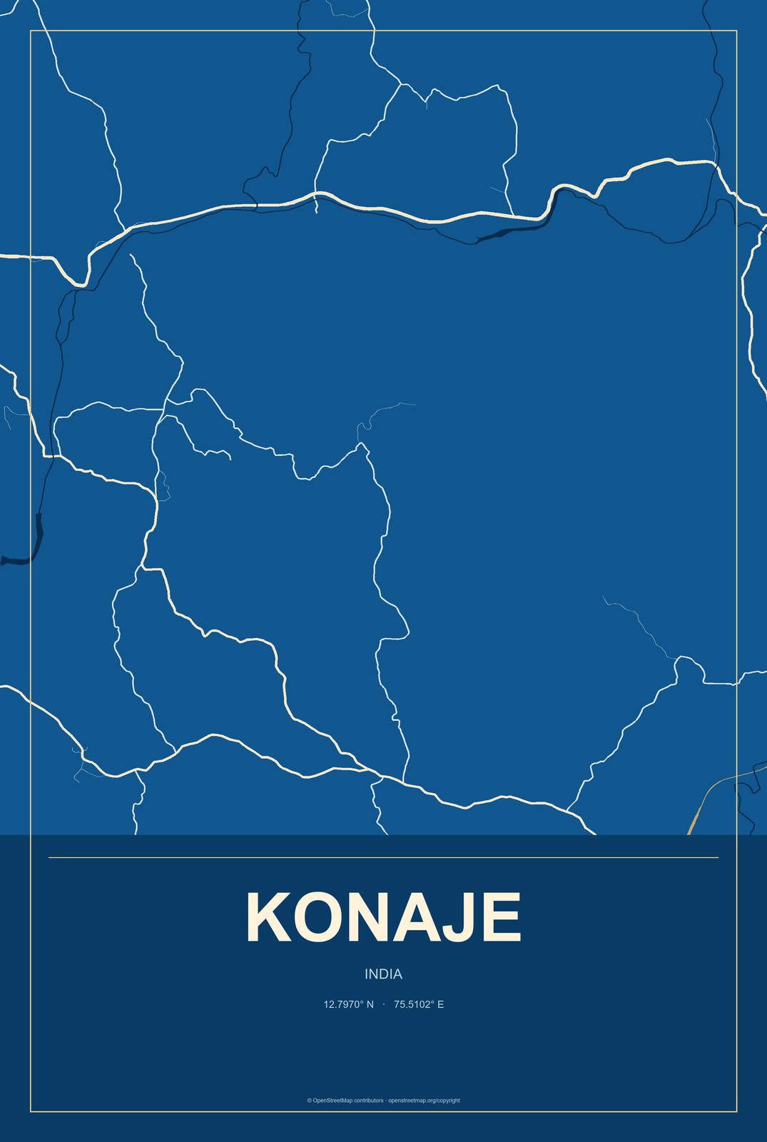 Konaje, India City Map Aluminum Sign in Harbor Cobalt style