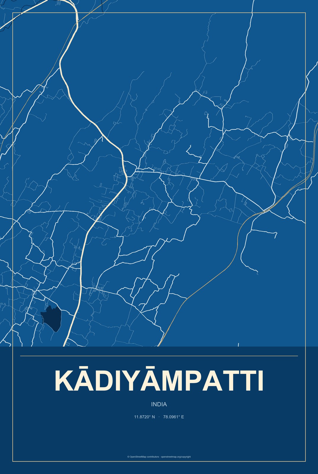 Kādiyāmpatti, India City Map Aluminum Sign in Harbor Cobalt style