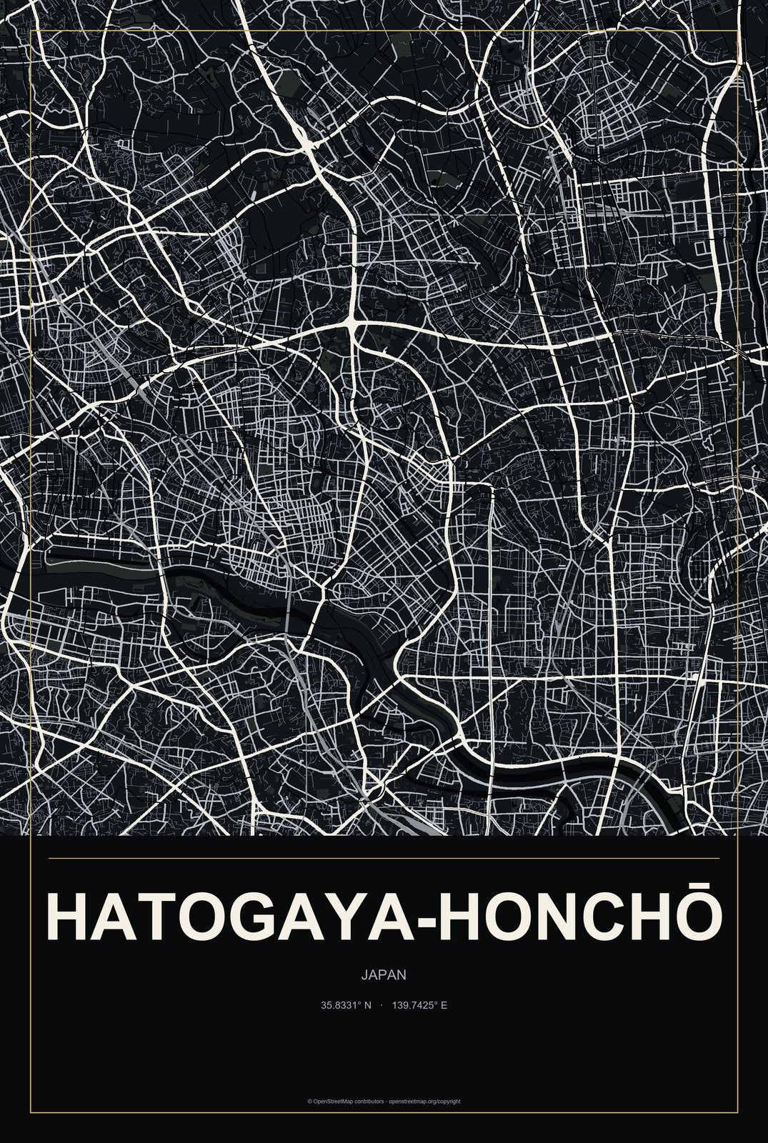 Hatogaya-honchō, Japan City Map Aluminum Sign in Metropolitan Noir style