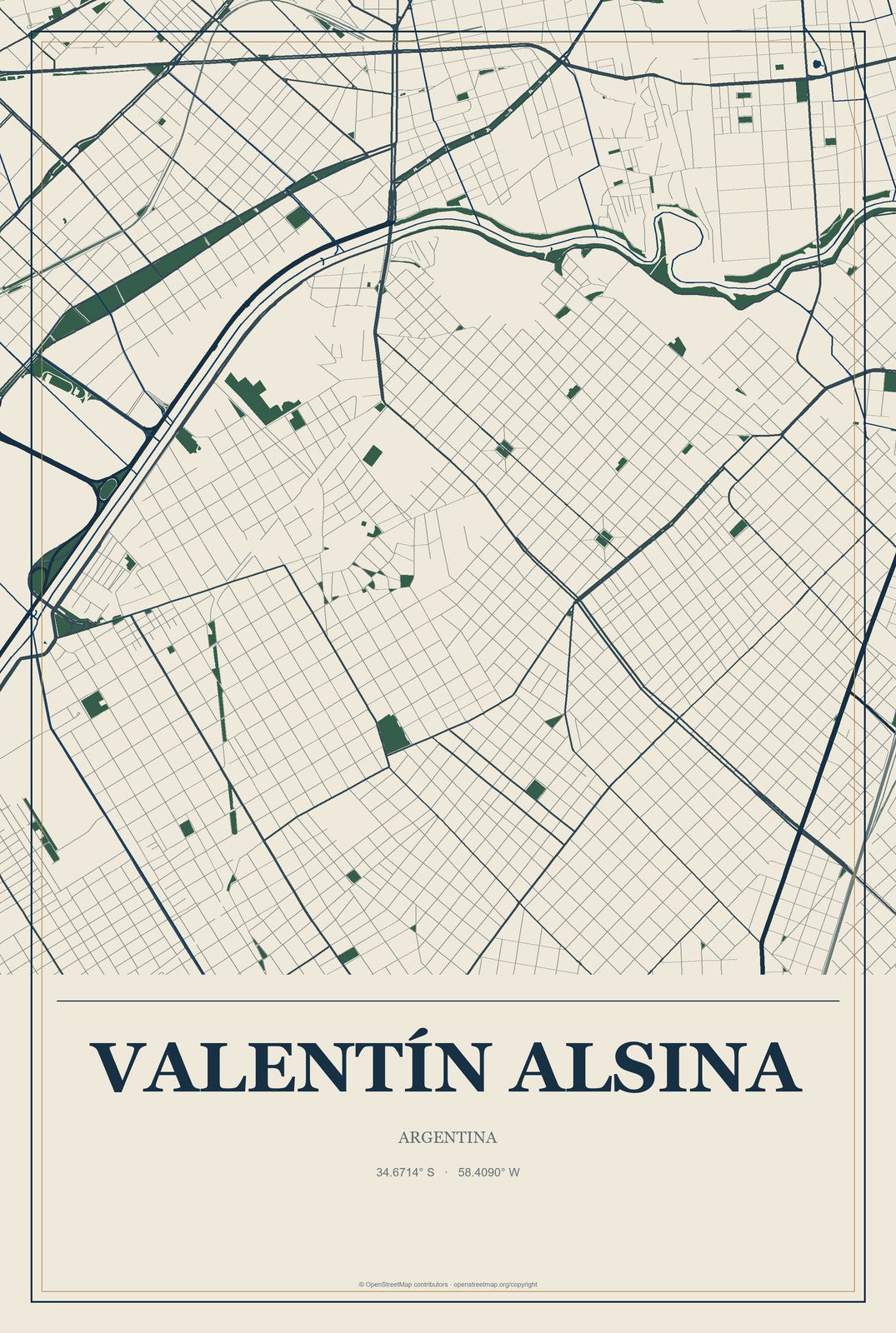Valentín Alsina, Argentina City Map Aluminum Sign in Coastal Cutout style