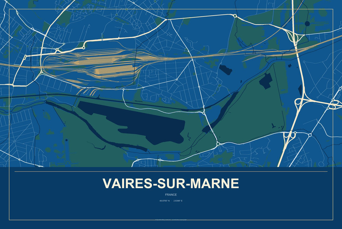 Vaires-sur-Marne, France City Map Aluminum Sign in Harbor Cobalt style