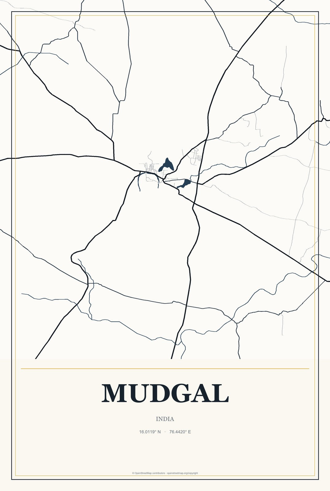 Mudgal, India City Map Aluminum Sign in Citrine Modern style