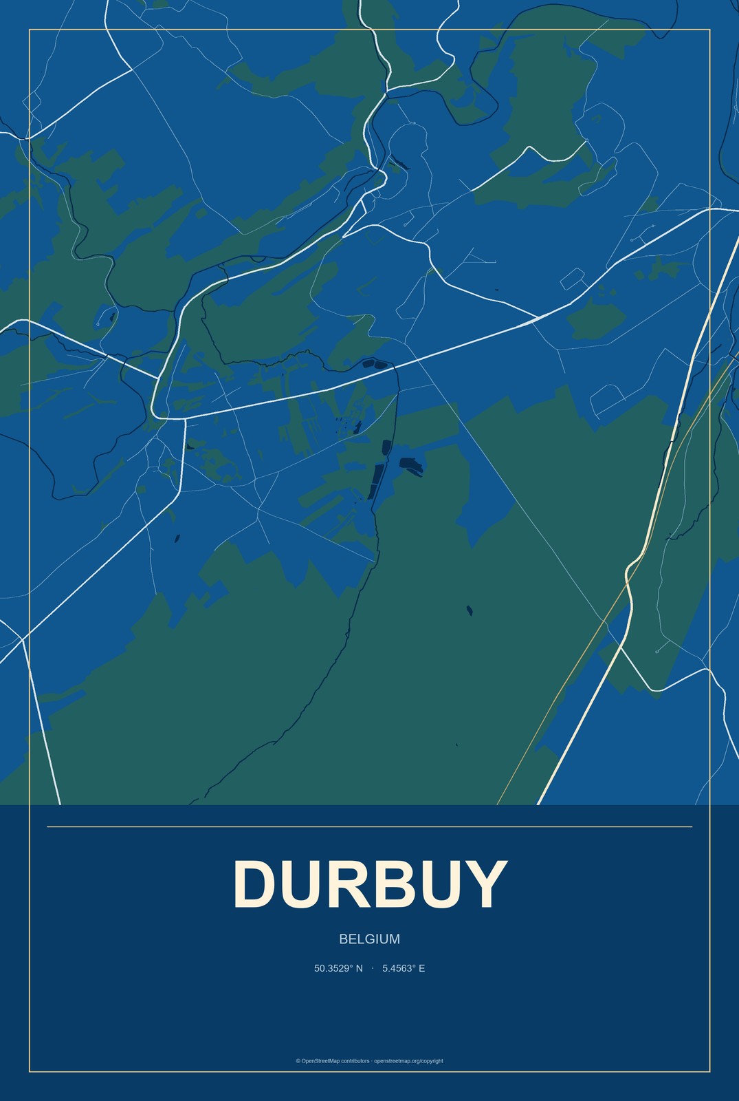 Durbuy, Belgium City Map Aluminum Sign in Harbor Cobalt style