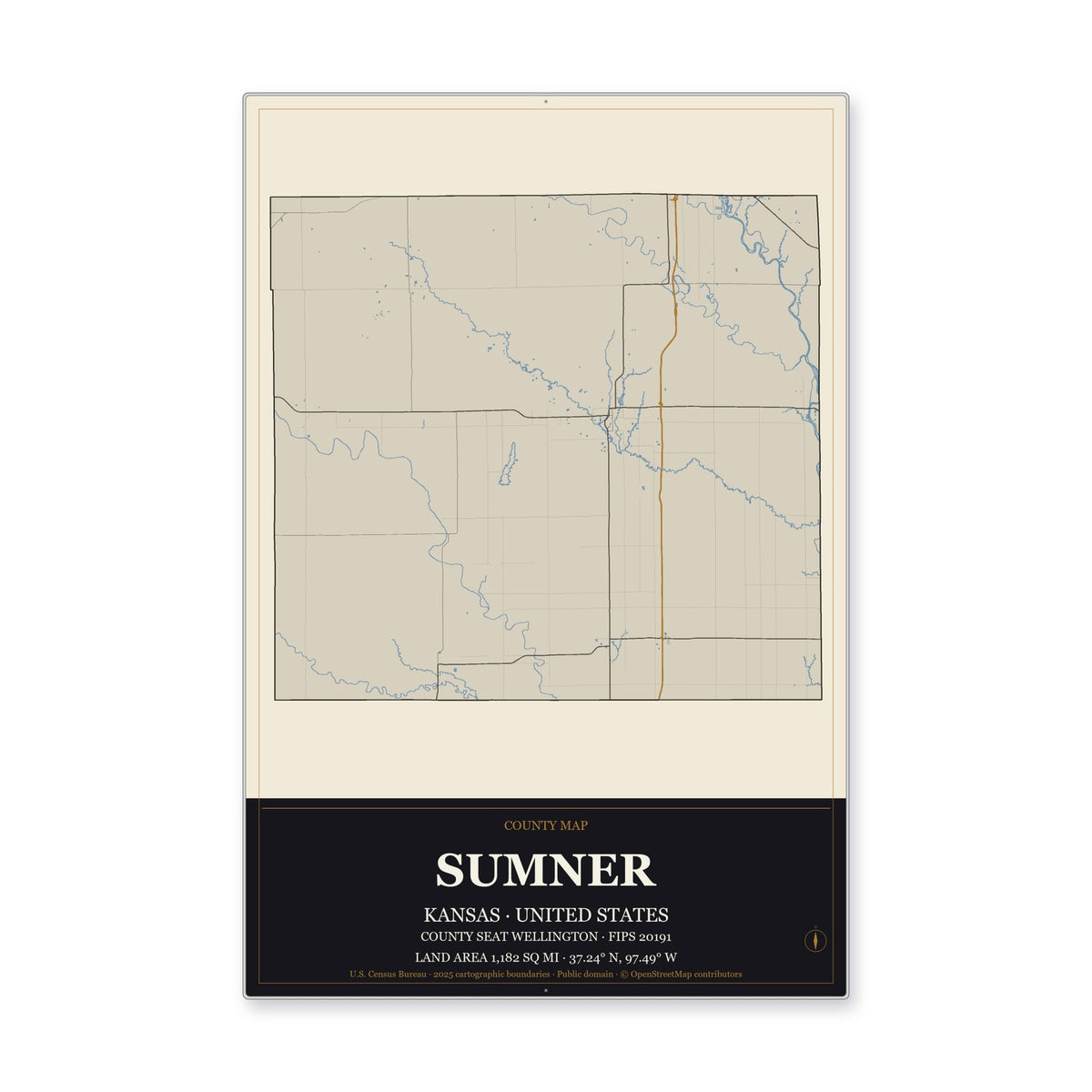 Sumner County, Kansas Map Aluminum Sign in Museum Plaque style