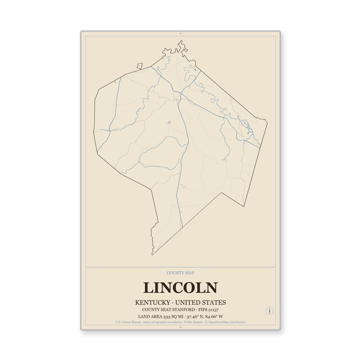 Lincoln County, Kentucky Map Aluminum Sign in Heritage Nautical style