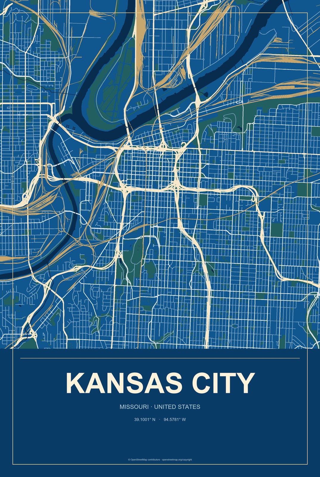 Kansas City, Missouri City Map Aluminum Sign in Harbor Cobalt style