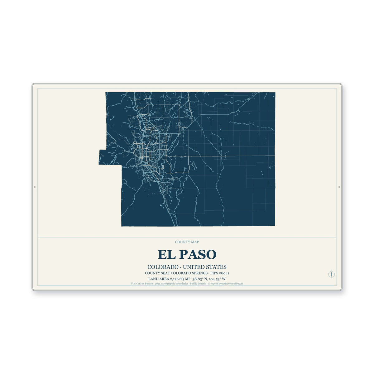 El Paso County, Colorado Map Aluminum Sign in Coastal Cutout style