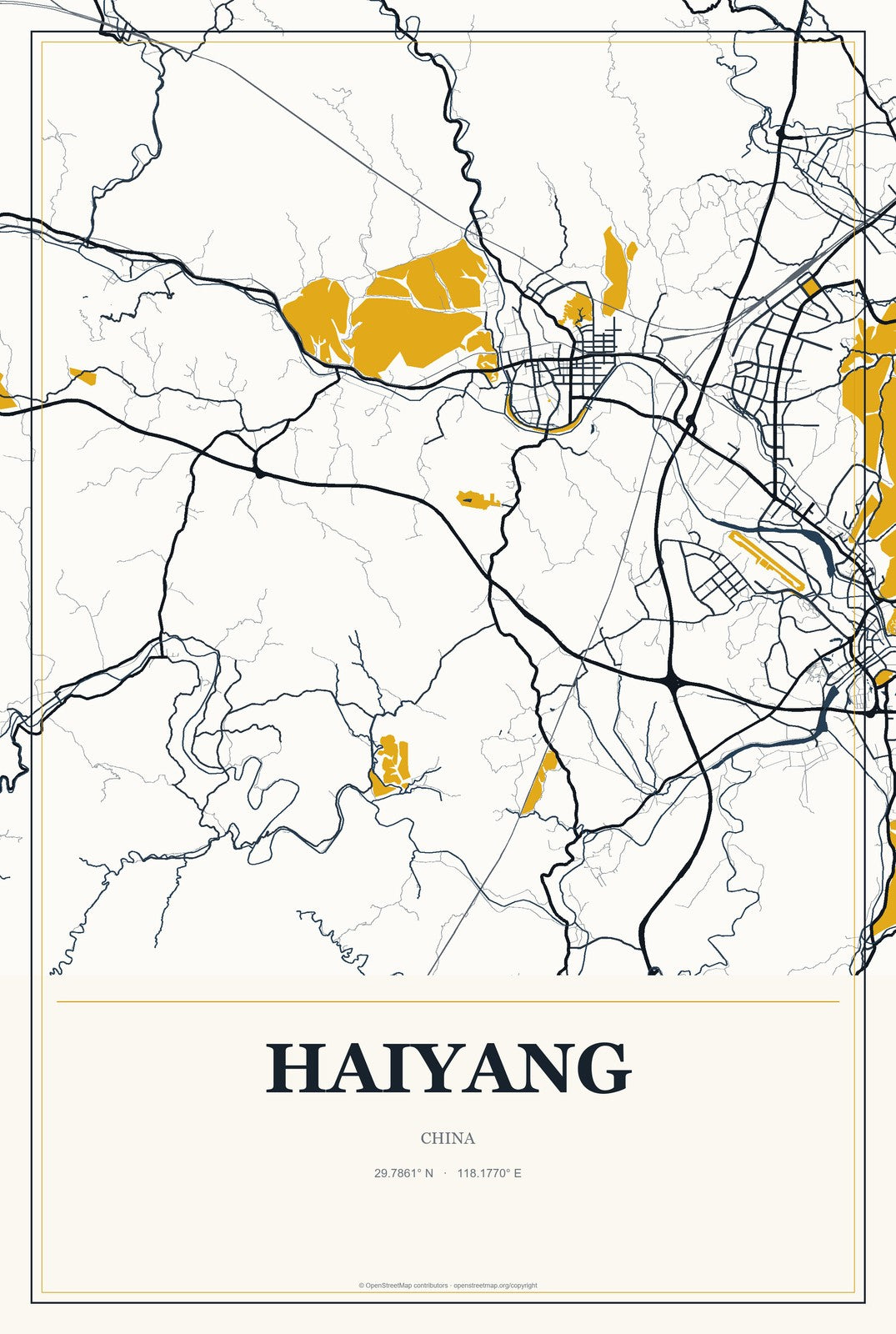 Haiyang, China City Map Aluminum Sign in Citrine Modern style