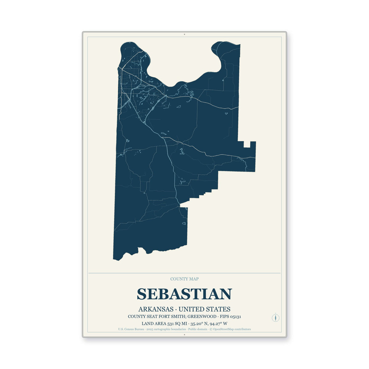 Sebastian County, Arkansas Map Aluminum Sign in Coastal Cutout style