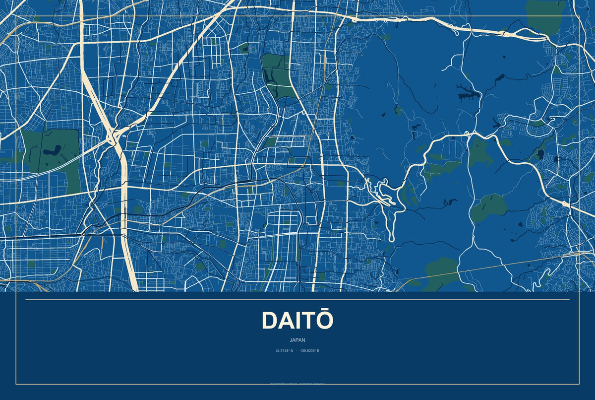 Daitō, Japan City Map Aluminum Sign in Harbor Cobalt style