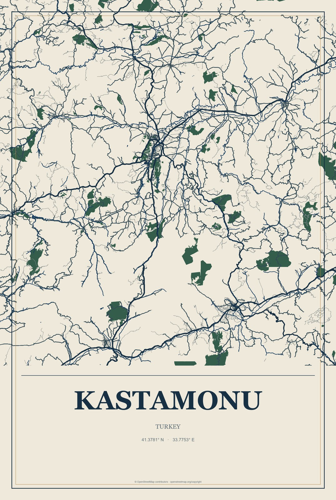 Kastamonu, Turkey City Map Aluminum Sign in Coastal Cutout style