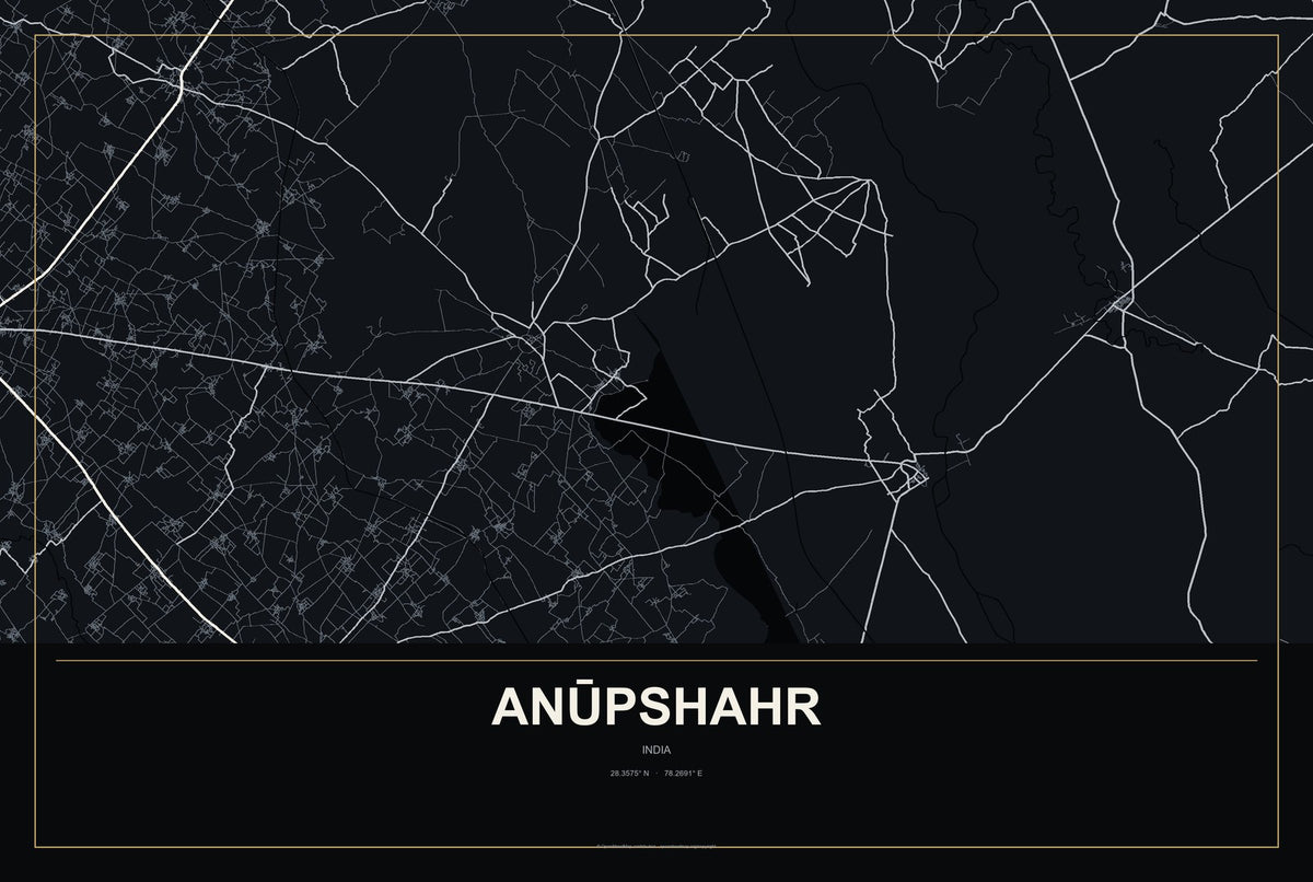 Anūpshahr, India City Map Aluminum Sign in Metropolitan Noir style