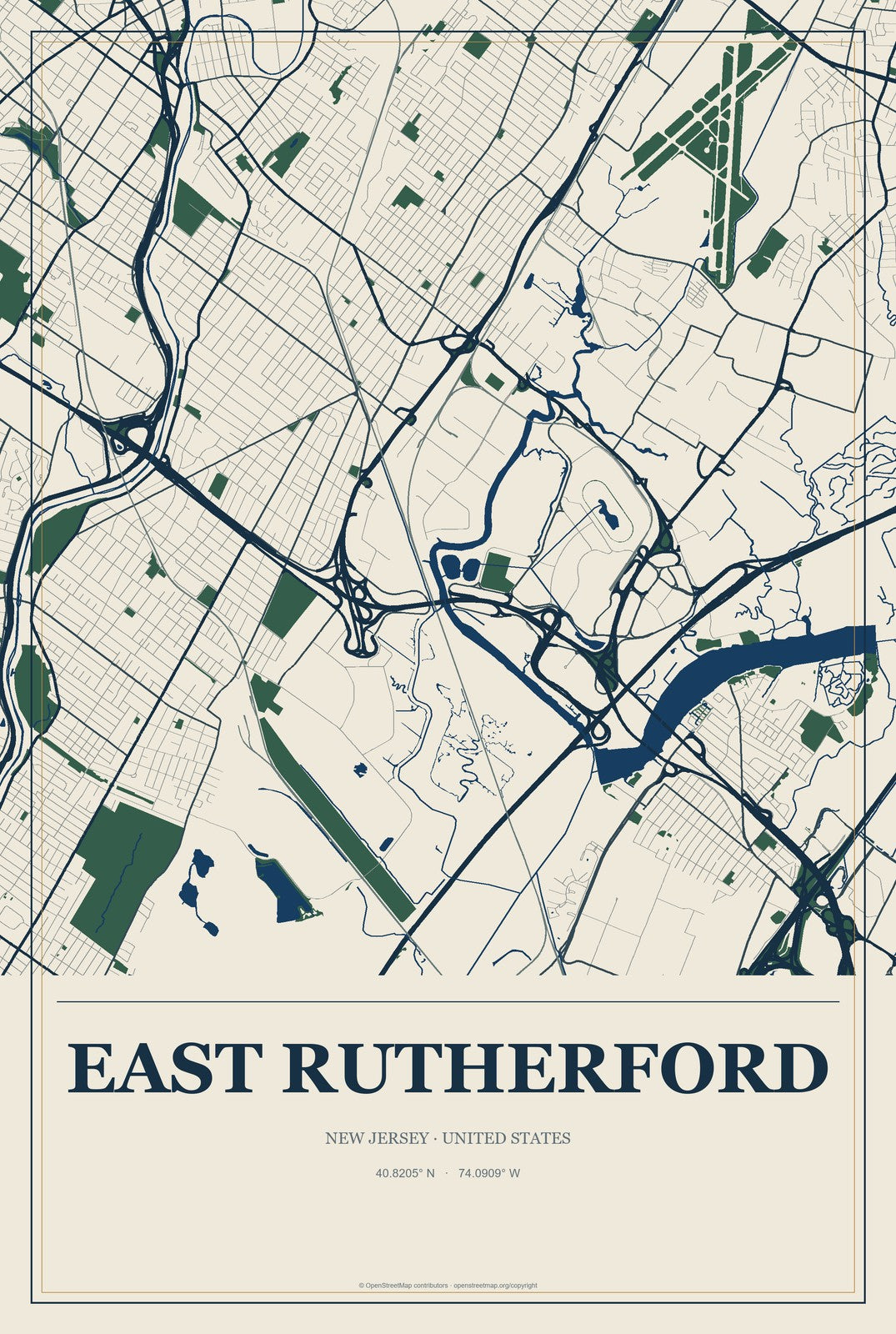 East Rutherford, New Jersey City Map Aluminum Sign in Coastal Cutout style