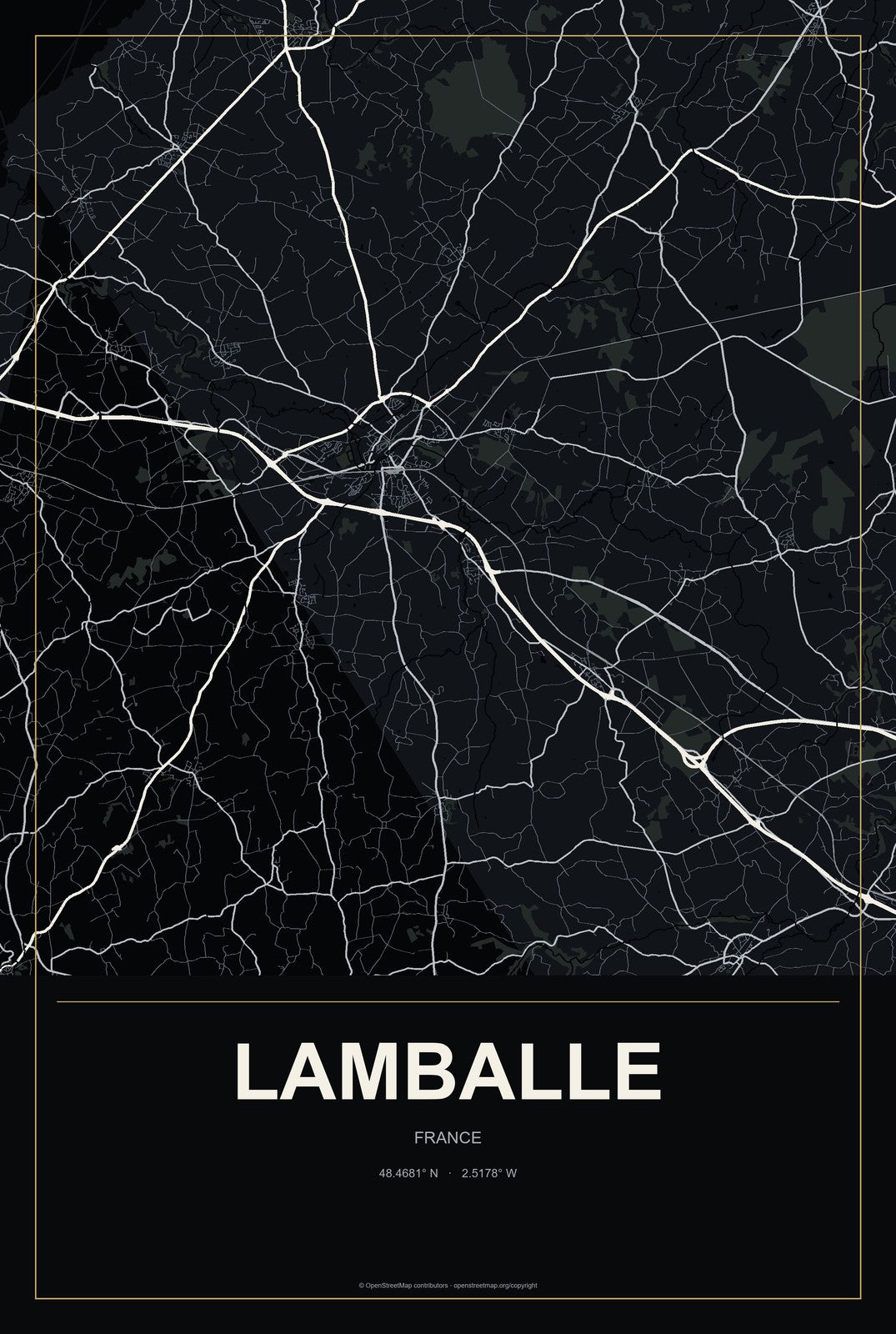 Lamballe, France City Map Aluminum Sign in Metropolitan Noir style