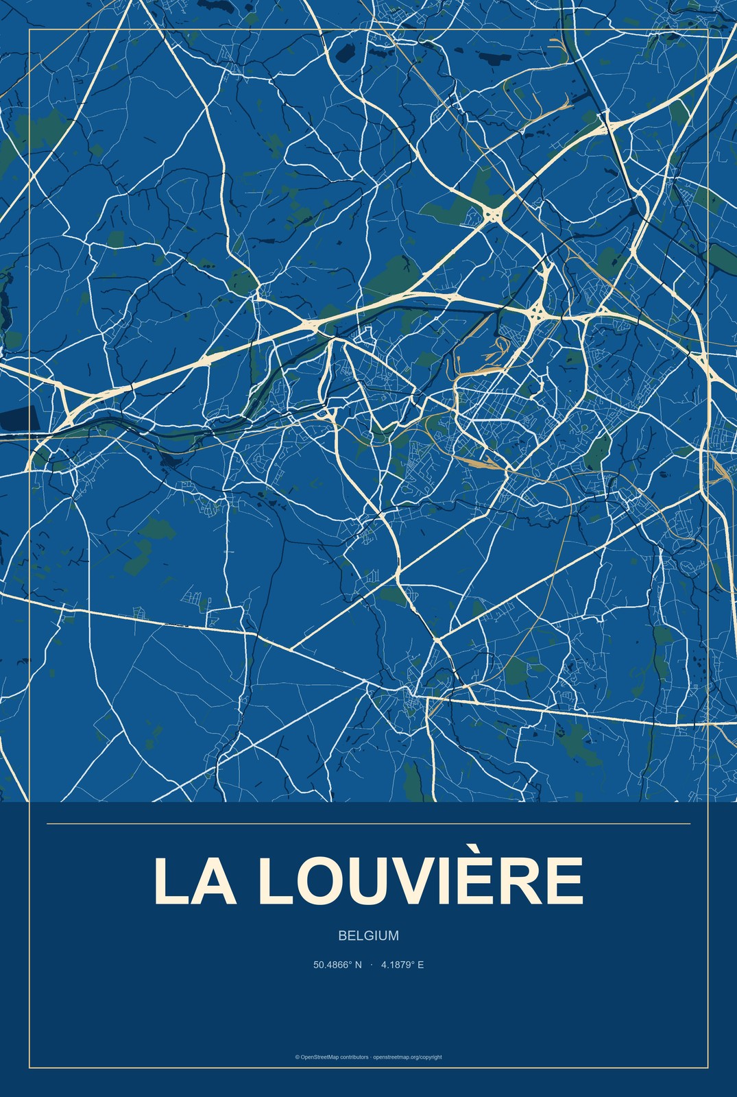 La Louvière, Belgium City Map Aluminum Sign in Harbor Cobalt style