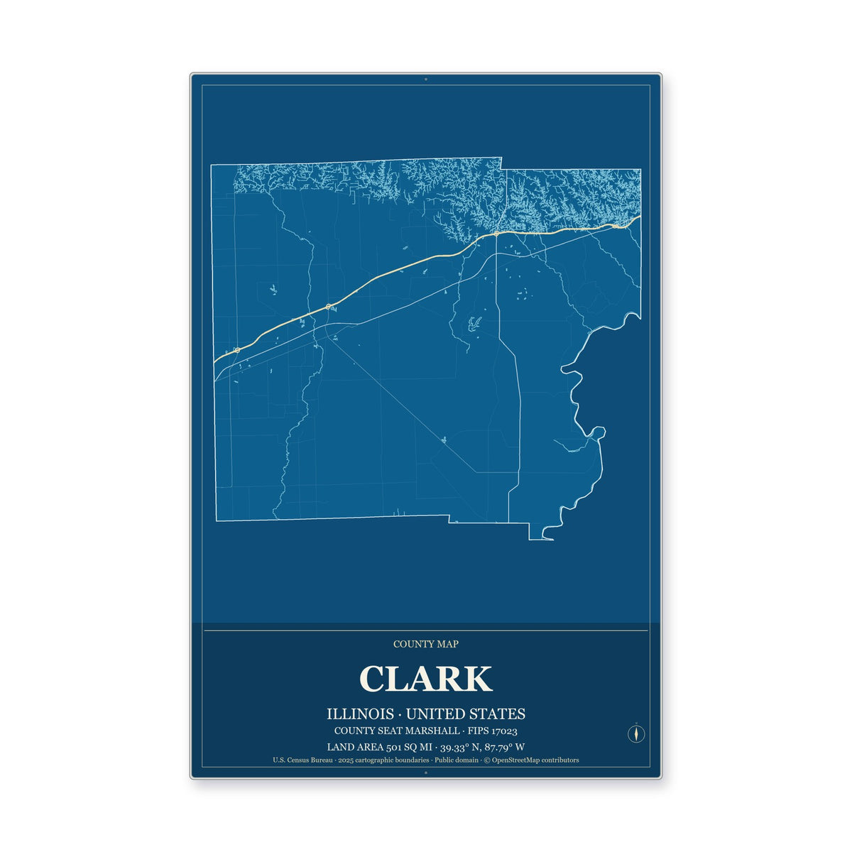 Clark County, Illinois Map Aluminum Sign in Harbor Cobalt style