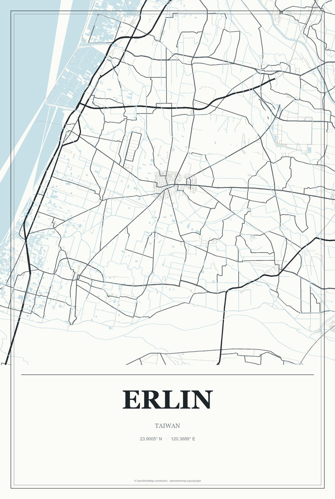 Erlin, Taiwan City Map Aluminum Sign in Gallery Air style
