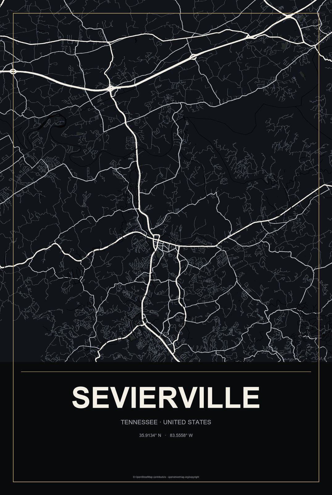 Sevierville, Tennessee City Map Aluminum Sign in Metropolitan Noir style