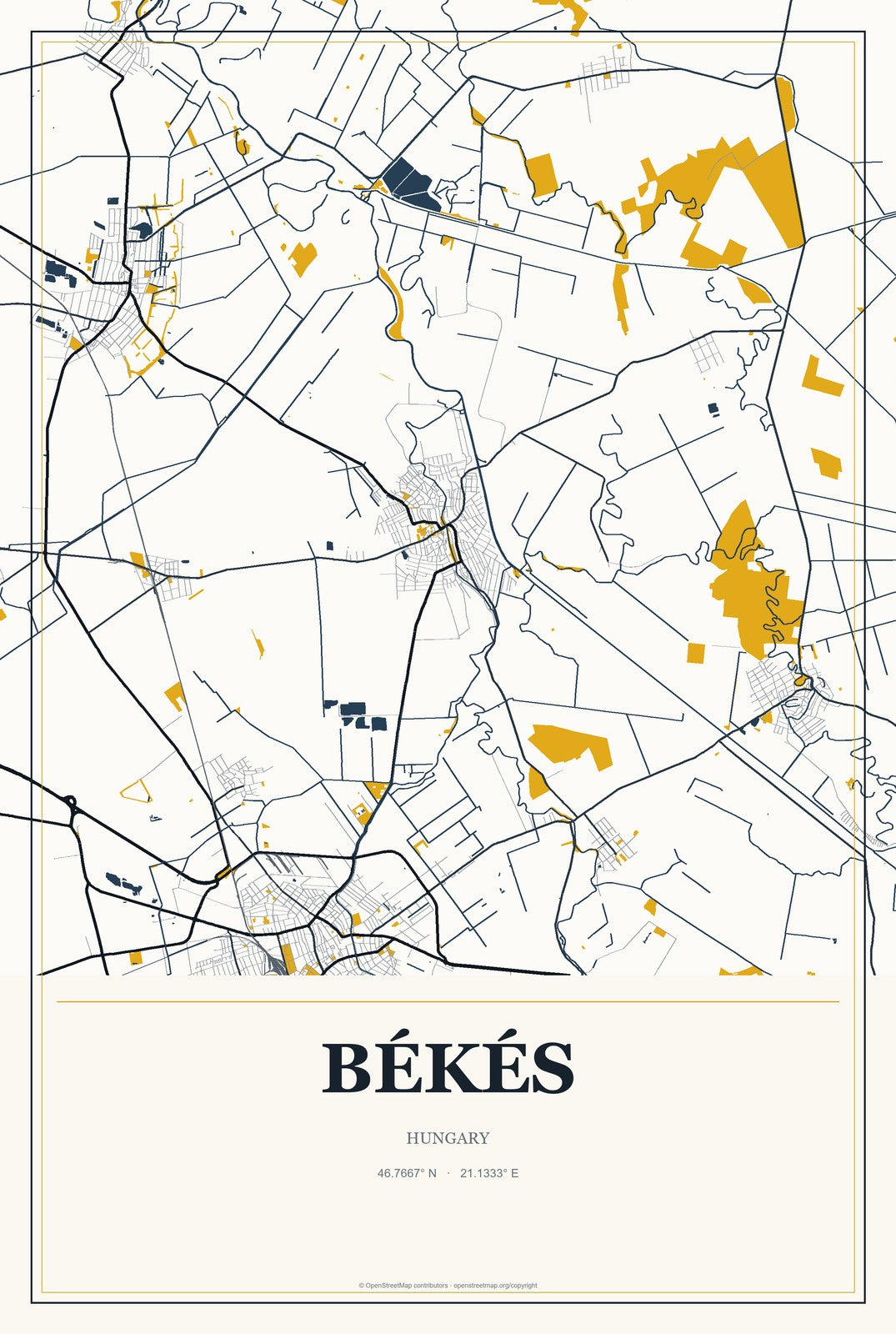 Békés, Hungary City Map Aluminum Sign in Citrine Modern style