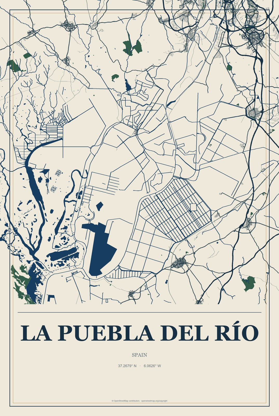 La Puebla del Río, Spain City Map Aluminum Sign in Coastal Cutout style