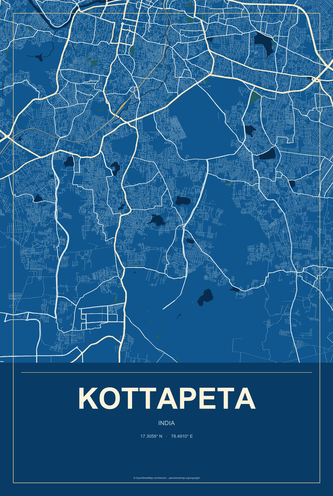 Kottapeta, India City Map Aluminum Sign in Harbor Cobalt style