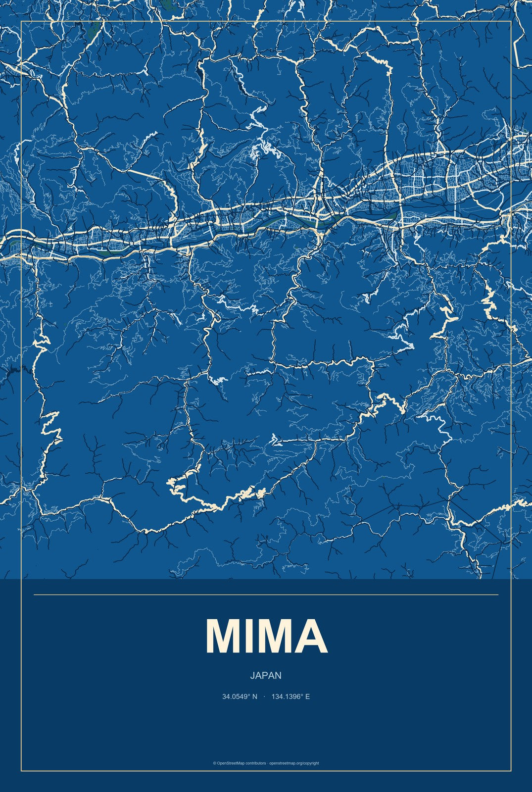 Mima, Japan City Map Aluminum Sign in Harbor Cobalt style