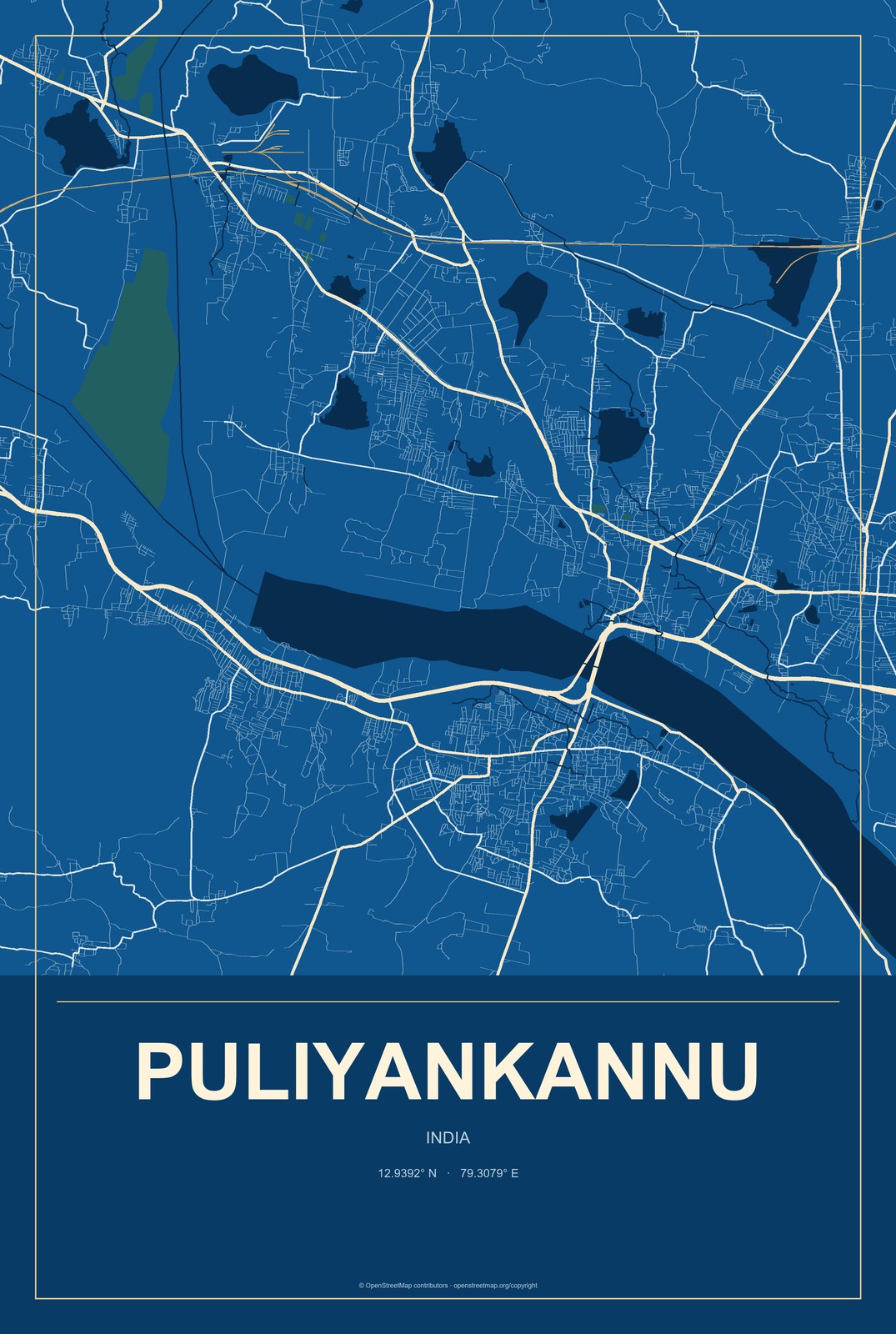 Puliyankannu, India City Map Aluminum Sign in Harbor Cobalt style